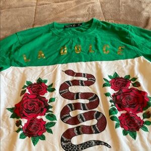 Green and White Graphic Tee with Snake and Roses